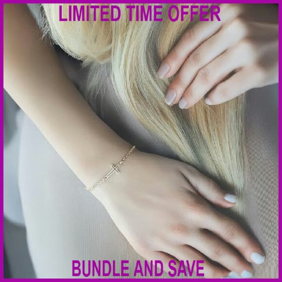 14K Gold Plated Sideways Cross Bracelet Adjustable Rolo Chain Faith Jewelry - Picture 5 of 7